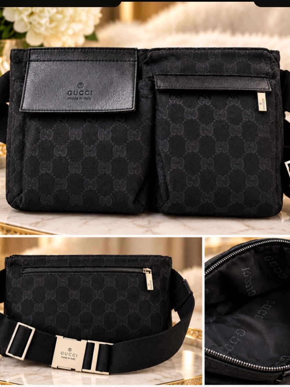 Gucci Black GG Canvas Messenger Belt Bag with Leather Trim